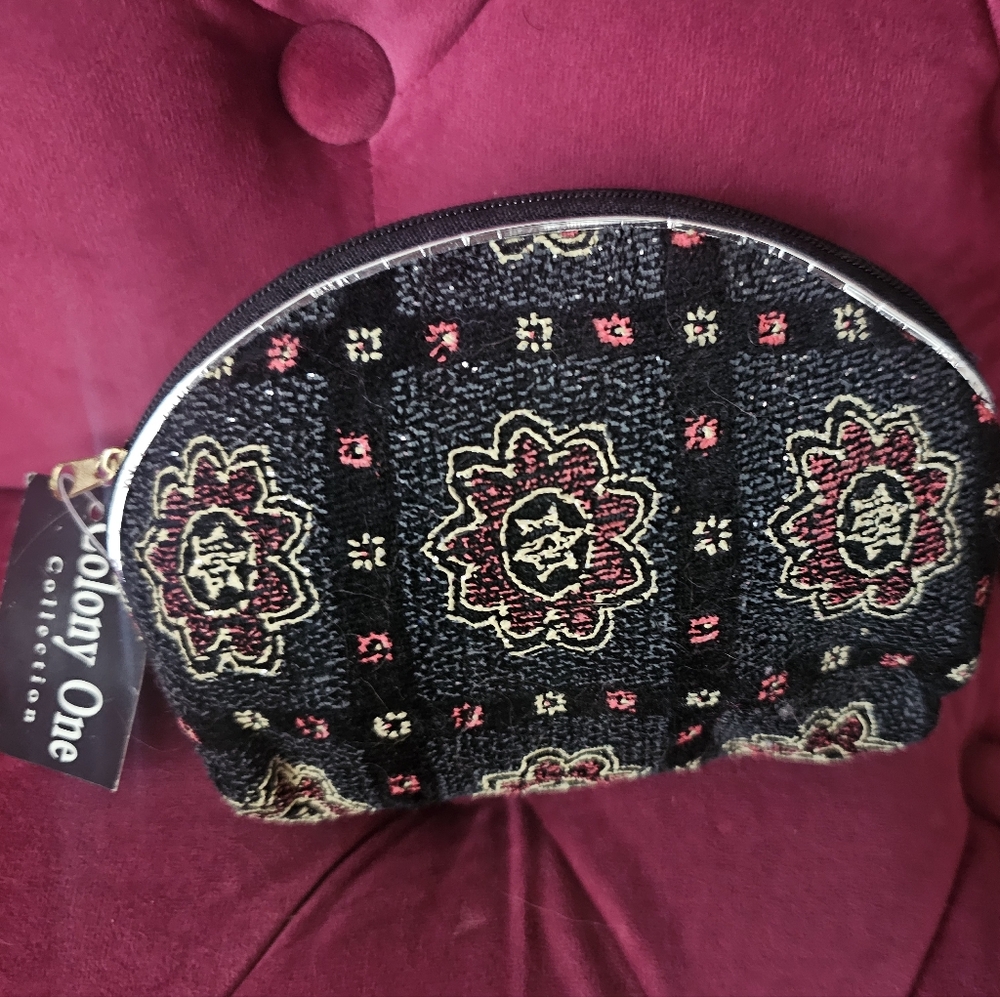 Black cream red textured boho mandala small makeup cosmetic Bag purse pouch - Picture 2 of 9